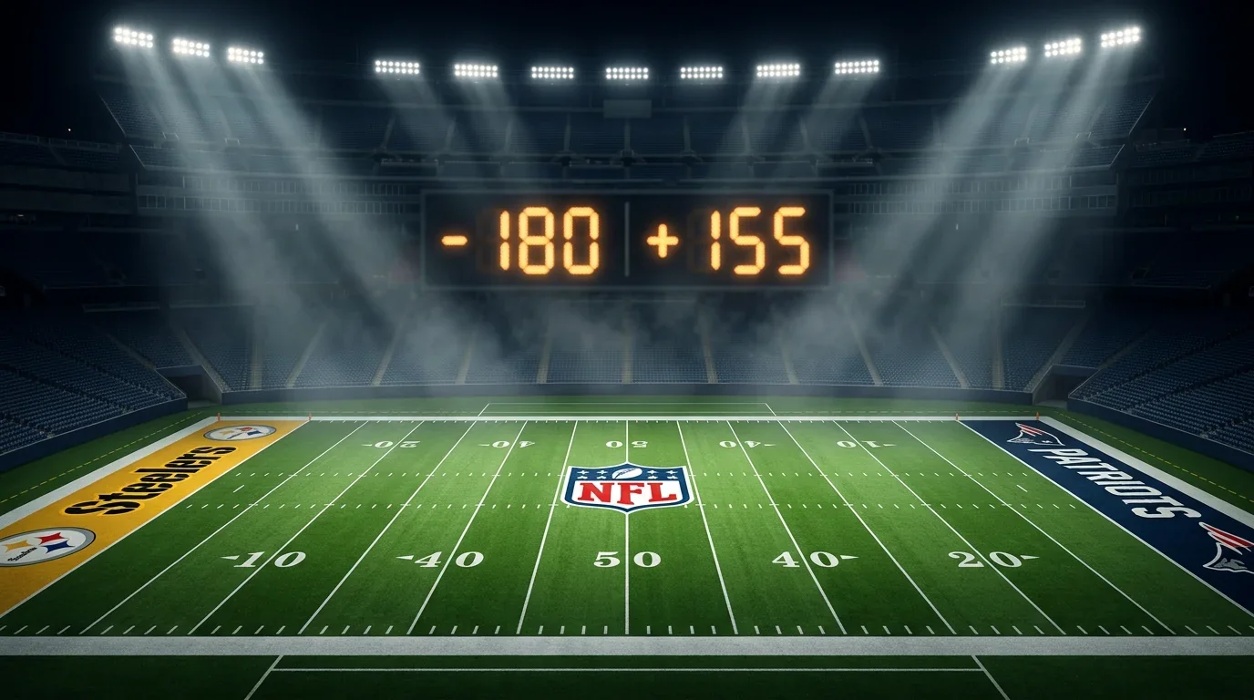 Campo de fútbol americano NFL bajo focos con marcador electrónico mostrando cuotas moneyline
