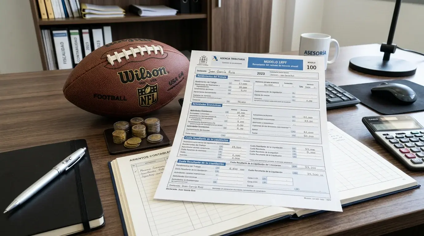 Calculadora con formulario fiscal español y billetes junto a un balon de futbol americano