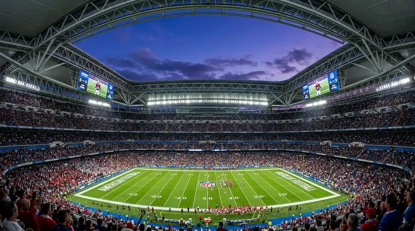 Vista panorámica del estadio Santiago Bernabéu preparado para un partido de la NFL con campo de fútbol americano