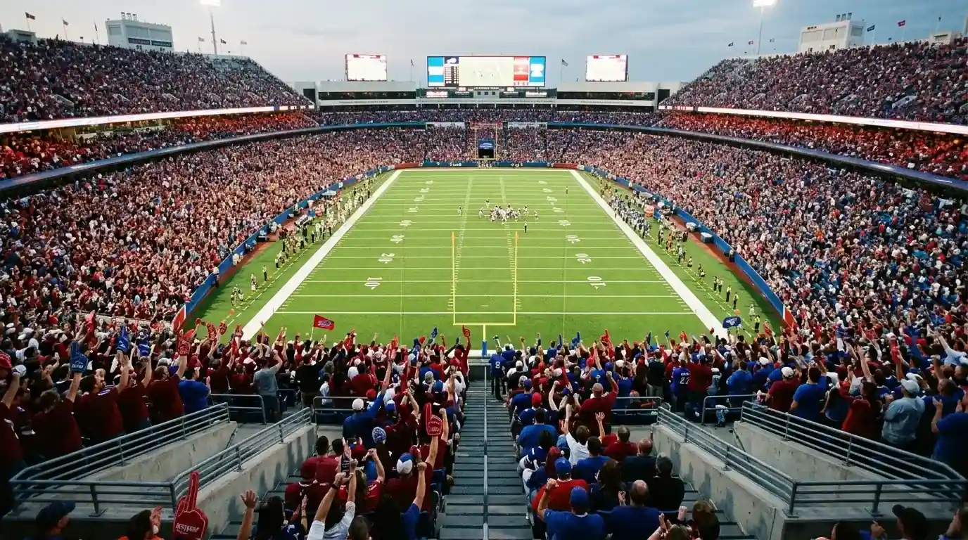 Campo de fútbol americano visto desde la grada con aficionados del equipo local animando durante un partido NFL